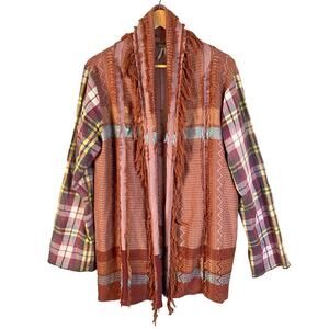 Gimmicks by BKE Open Front Cardigan Women XL Flannel Plaid Fringe Boho Western